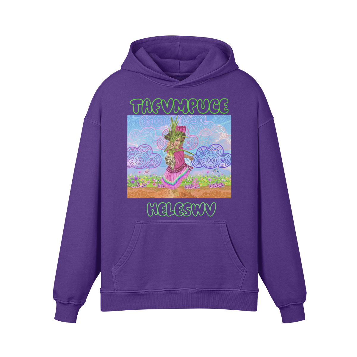 Purple hoodie with a colorful graphic design on a white background